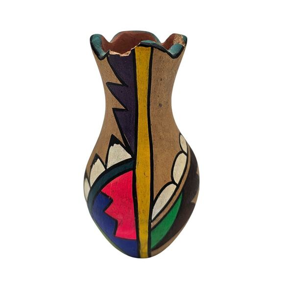 Vtg 1950s Pottery Clay Pot Bright Color Native American Hand Painted Vase - Picture 1 of 8